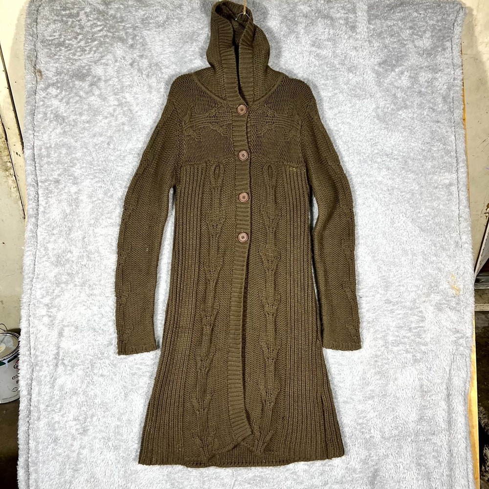 Vintage Talie Cardigan Sweater Womens Medium Green Acrylic Chunky Knit Hooded